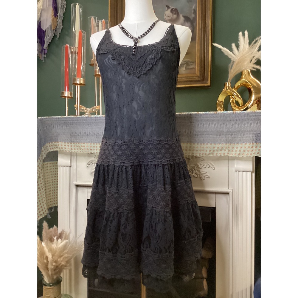 Double D Ranch Black Lace Tiered Mini Dress Sleeveless Eyelet XS